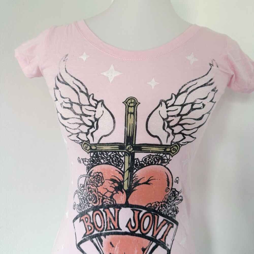 Women's Bon Jovi Baby Tee Shirt Top Pink Heart Dagger Wings Cross Pink Size S - Picture 9 of 16